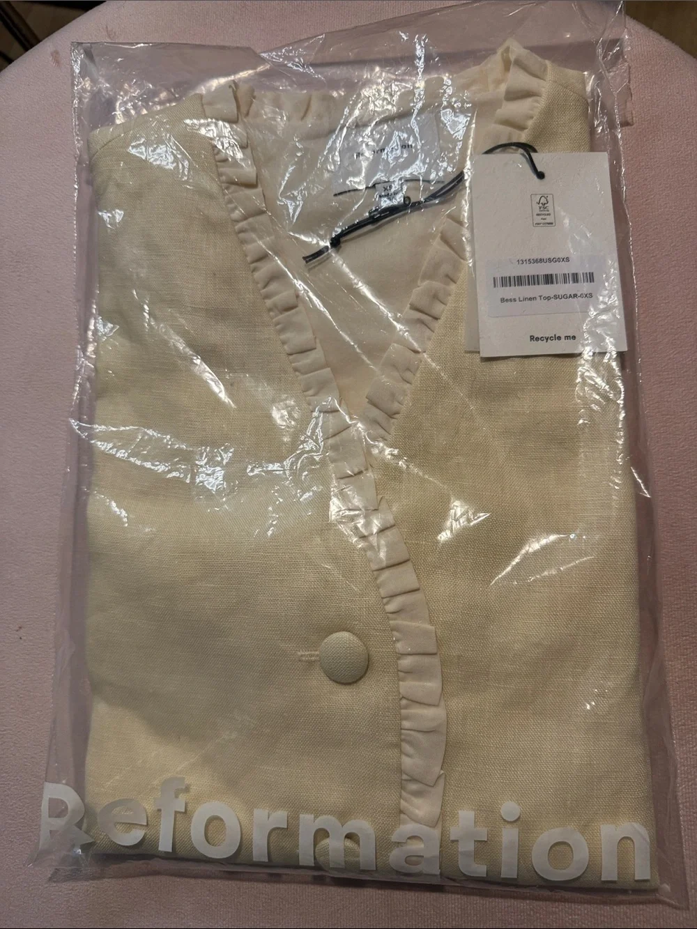 Reformation Cream Ruffle-Trim Short Sleeve V-Neck Blouse